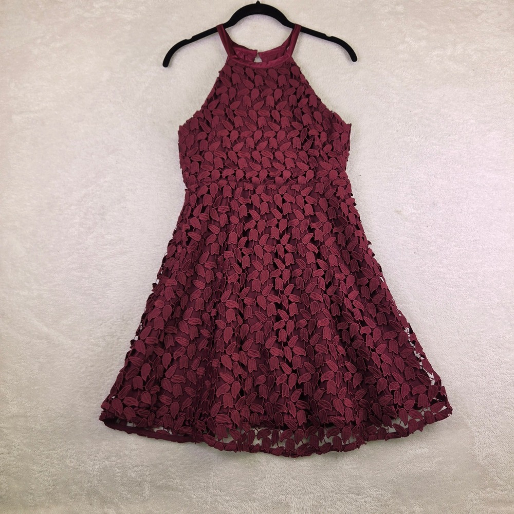 Bardot Junior Burgundy Lace Halter Dress Floral Fit Flare Wine Red Sz 16 4162